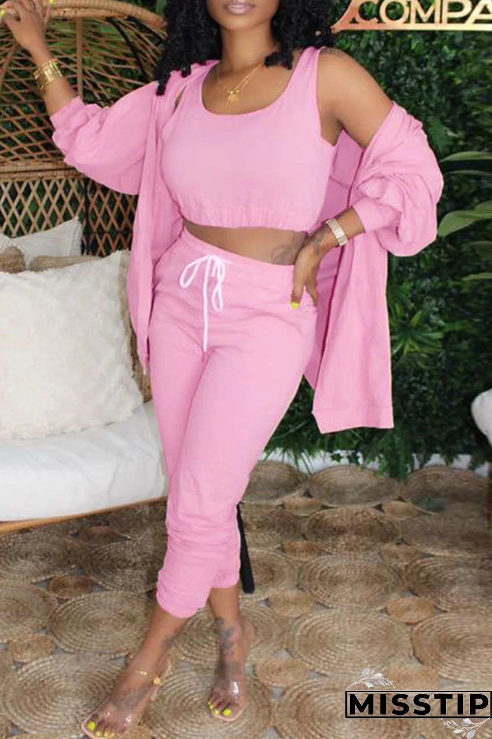 Blue Casual Solid Basic U Neck Long Sleeve Two Pieces