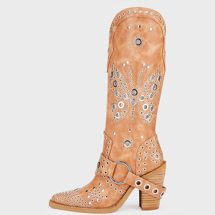 Light Brown Cutout Ring-strap Chunky Heel Mid-calf Cowgirl Boots |FSJ Shoes