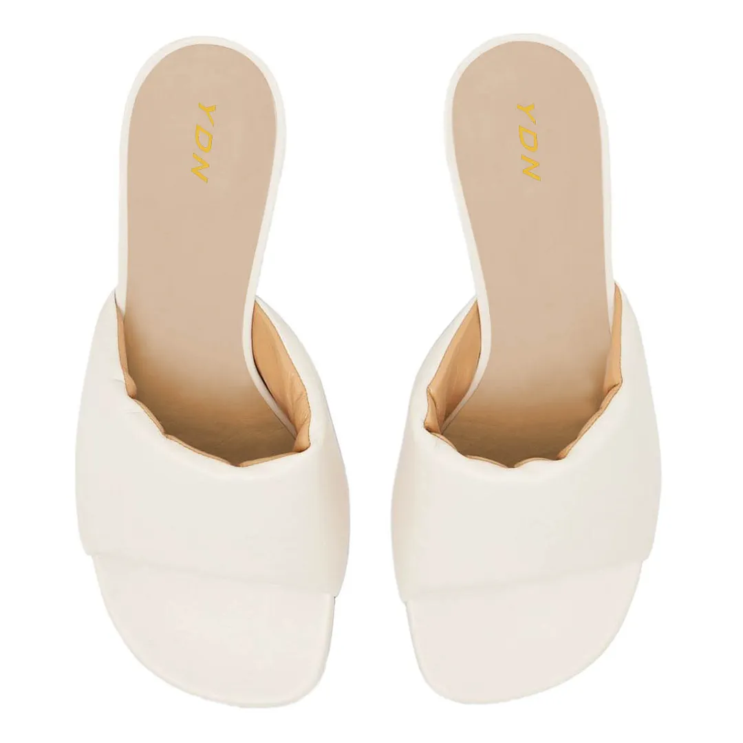 Simple Ivory Vegan Leather Open Toe Sculptural Heel Mules Shoes