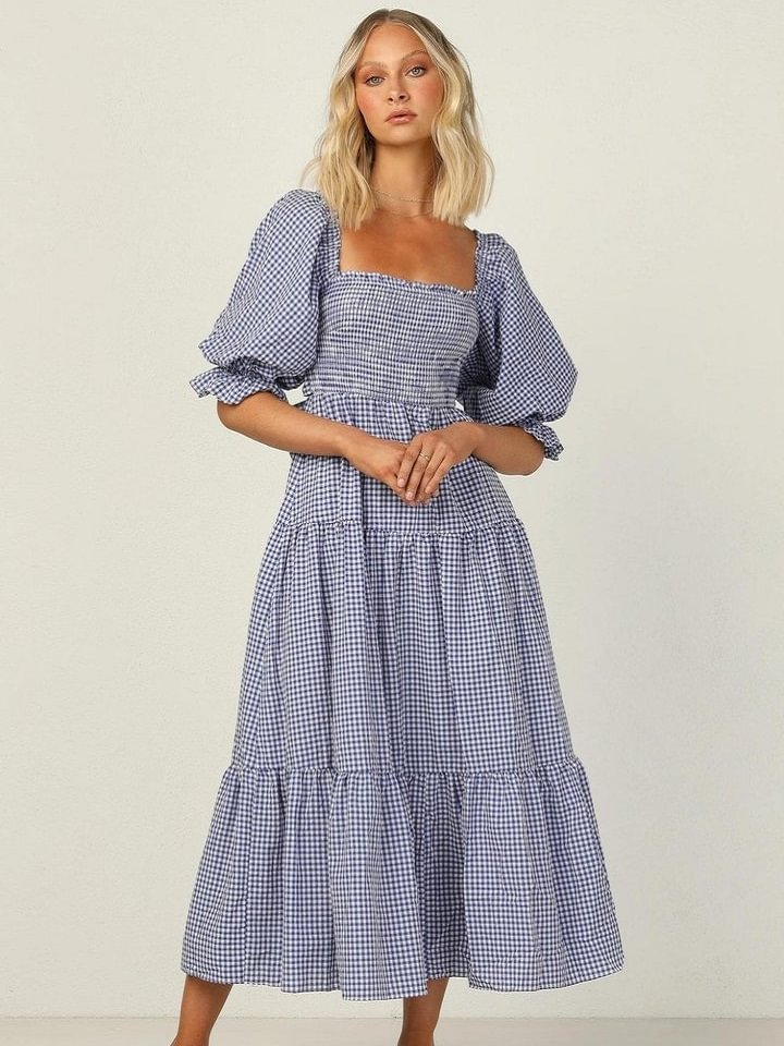 Elastic Square Collar Check Bubble Sleeve Dress | EGEMISS