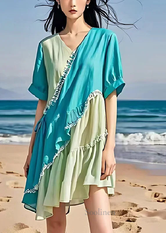 Pre sale - shipping in 30 days/Bohemian Colorblock Asymmetrical Patchwork Ruffled Linen Dresses Summer