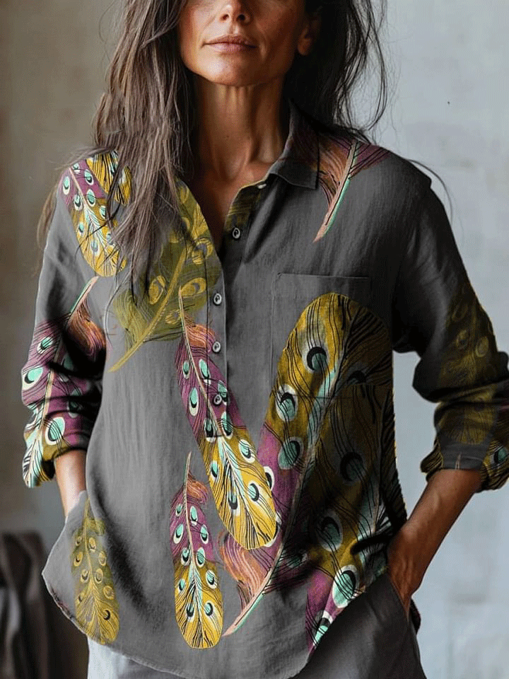 Women's Vintage Strong Feather Art Print Casual Cotton And Linen Shirt