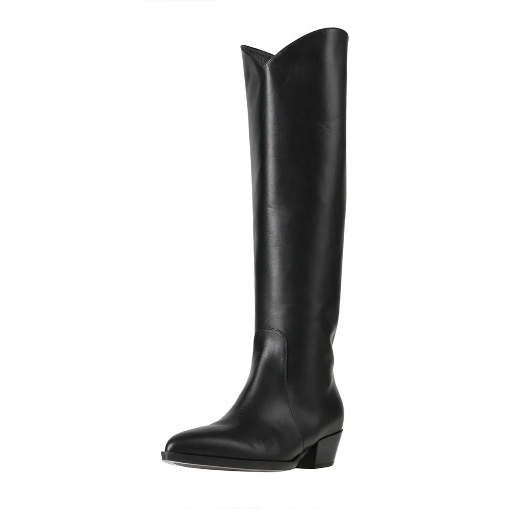Black Pointed Toe Chunky Heel Classic Tall Boots for Women