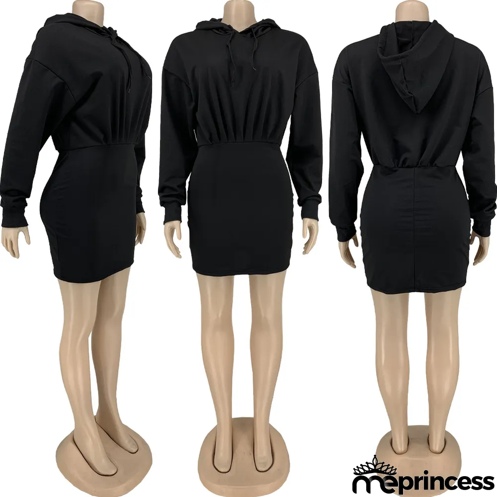 Solid Hooded High Waist Long Sleeve Mini Dress