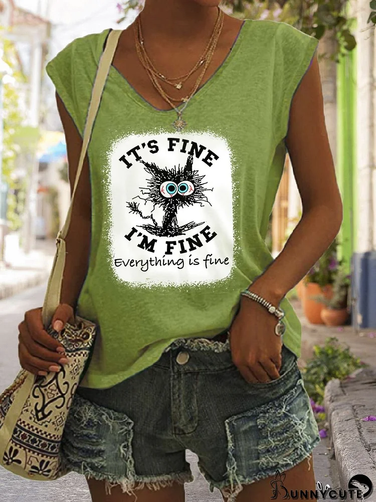 Women's It's Fine I'm Fine Everything Is Fine Funny Cat V-Neck Sleeveless Tee