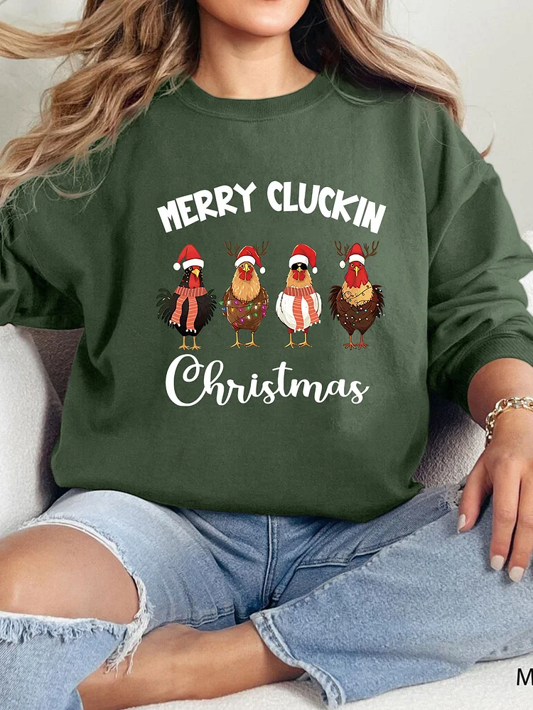 Womens merry cluckin christmas Funny Print Crew Neck Christmas Holiday Sweatshirt Fleece Sweatshirt
