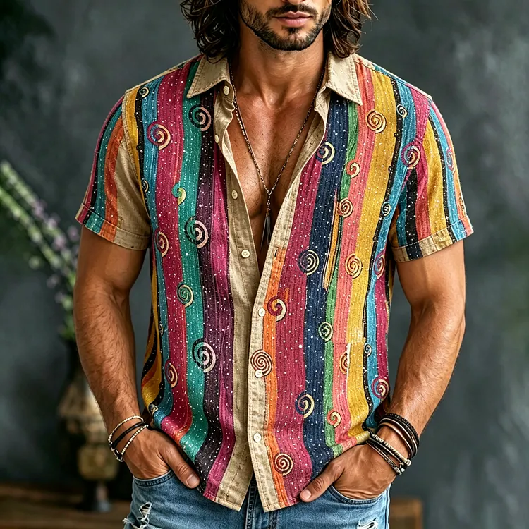 Men's Casual Retro Striped Color Block Linen Short-sleeve Shirt