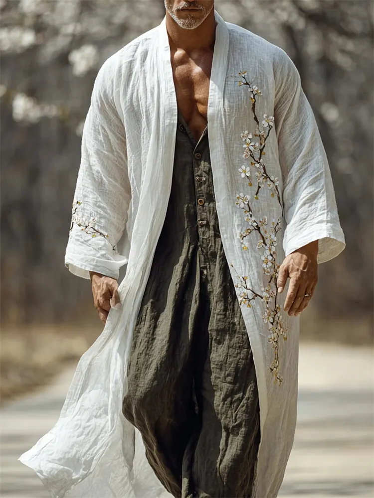 Men's Japanese Almond Blossom Flowy Linen Long Kimono  artssus