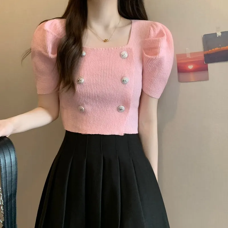 Uveng Uveng New French Gentle Style Design Double Buckle Bubble Sleeve T-Shirt Knitted Short Top