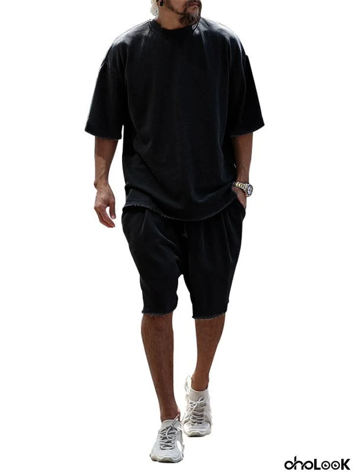 Sporty Short Sleeve Solid Color Outfits For Men