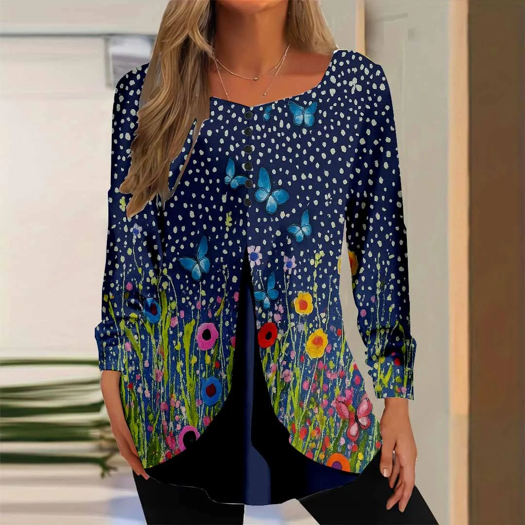 Women Floral,Blue DZGG8366 Long Sleeve Scoop Neck Printed Graphic Button Fake 2in1 Tops