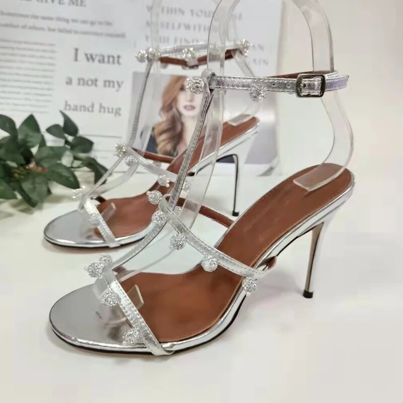 Silver Rhinestone Sandals Woman Open Toe Crystal Diamond Cross Strap High Heels Shoes Lady Party Shoes