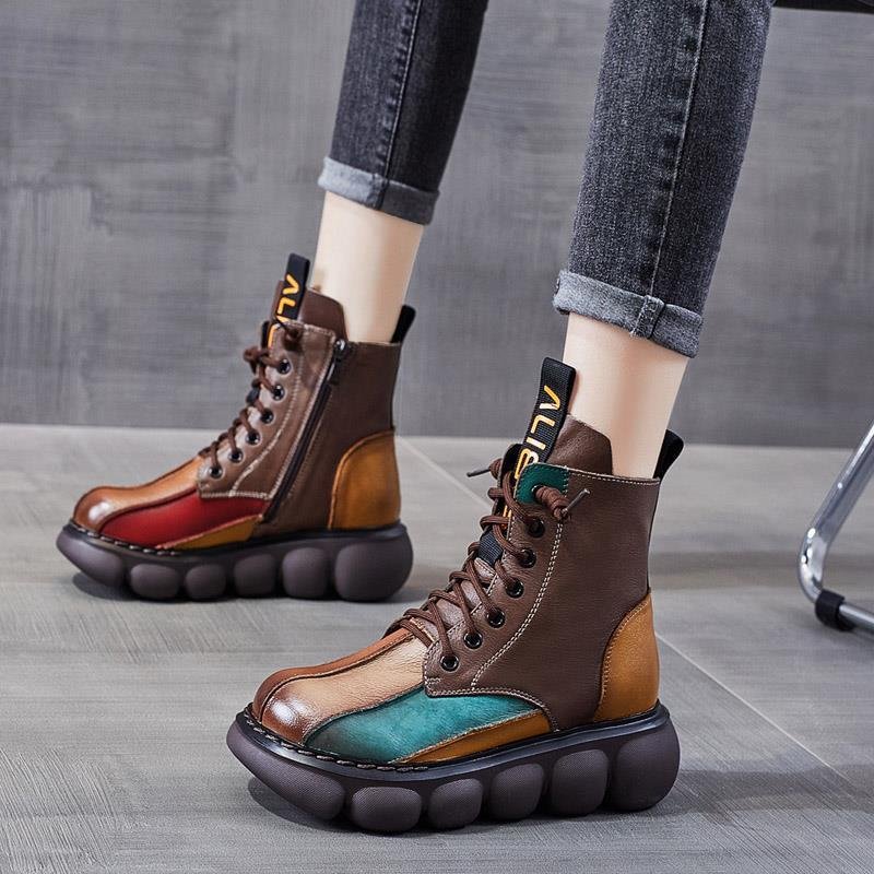 Genuine Leather Mixed Colors Shoes Women Boots 2021 New Autumn Winter Round Toe Zip Retro Handmade Leisure Ankle Boots