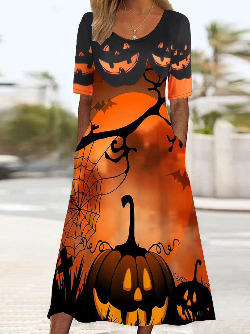 Women's Half Sleeve Scoop Neck Graphic Halloween Pockets Midi Dress
