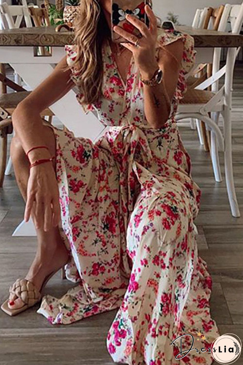 Fashion Street Print Frenulum V Neck Printed Dress Dresses