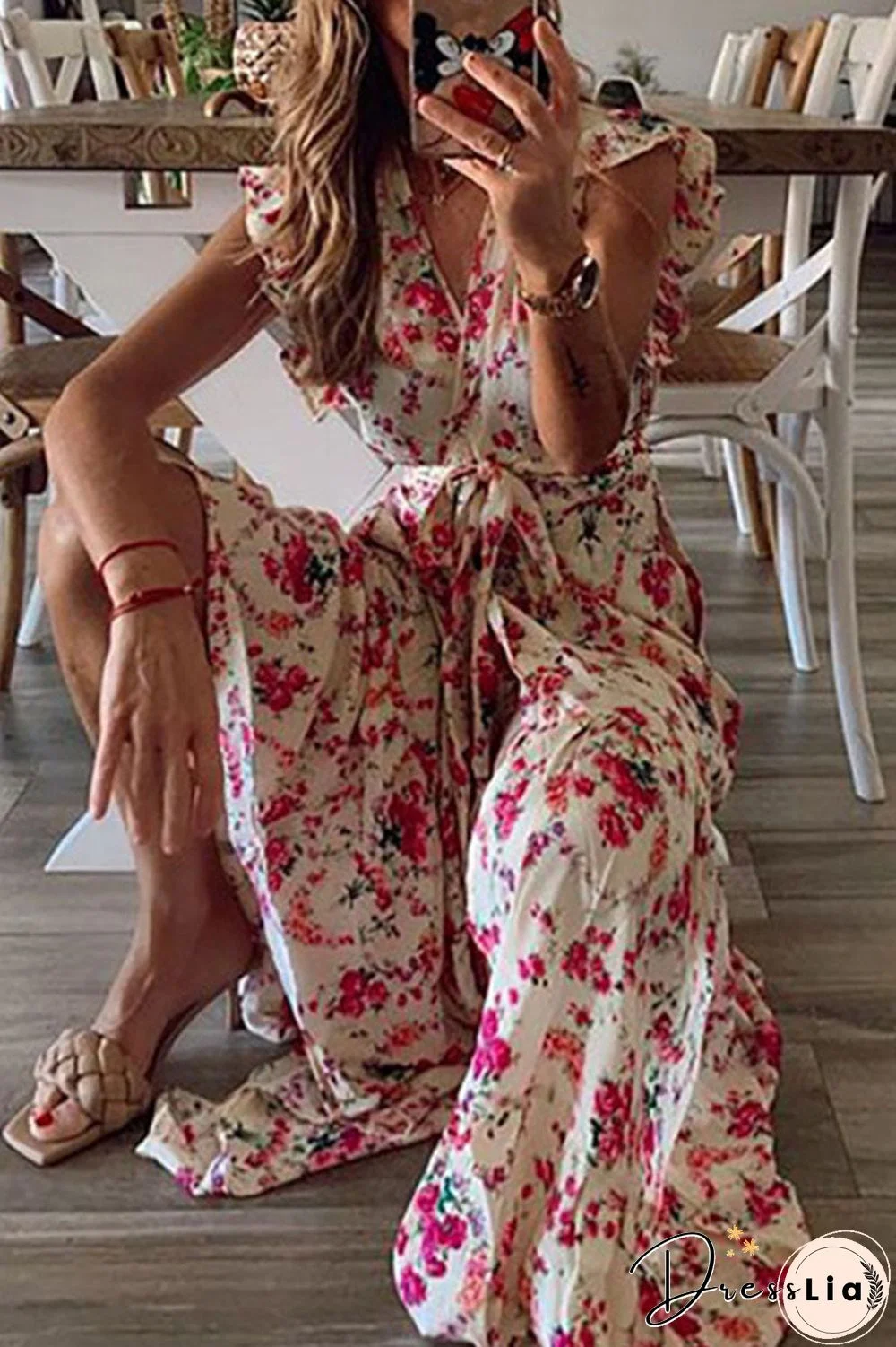 Fashion Street Print Frenulum V Neck Printed Dress Dresses