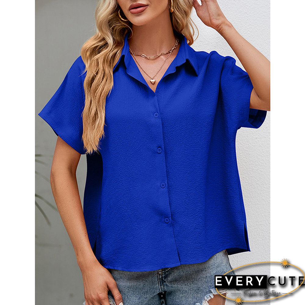 Blue Button Lapel V Neck Short Sleeve Shirt