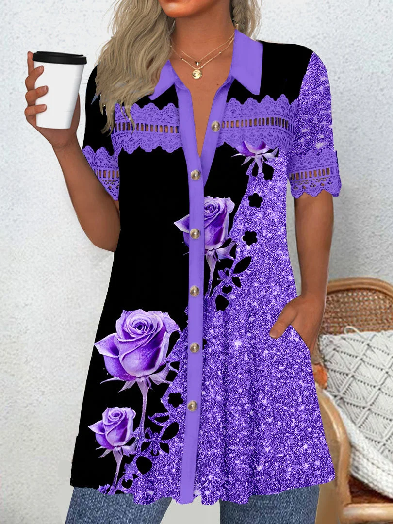 (PRE ORDER)Women's Short Sleeve V-neck Graphic Lace Tops