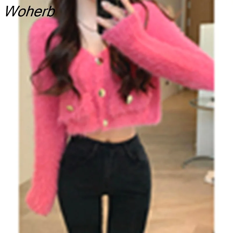 Woherb Winter Fur Knitted Cardigan Women Pure Color Button Long Sleeve Y2k Crop Tops Office Lady Chic Korean Fashion Sweater Coats