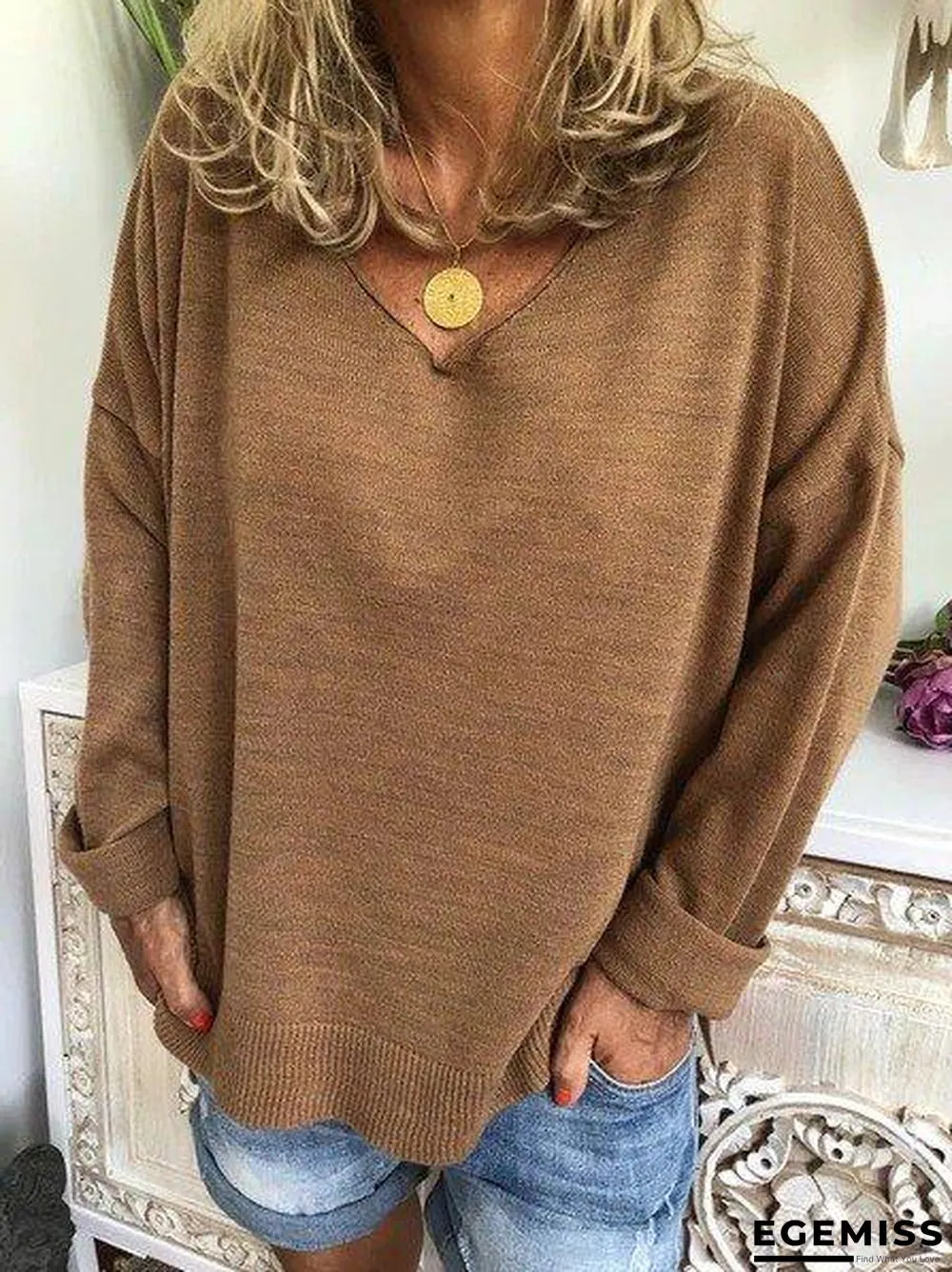 Beige Knitted Long Sleeve Casual Plus Size Sweater | EGEMISS