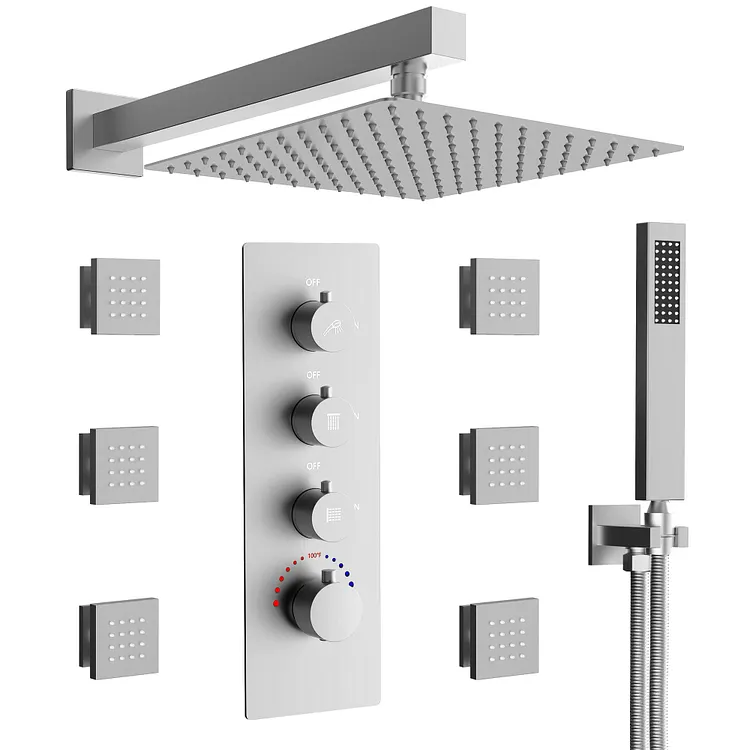 EVERSTEIN 12" Rainfall Shower System with Body Jets and Handheld Shower Brushed Nickel 