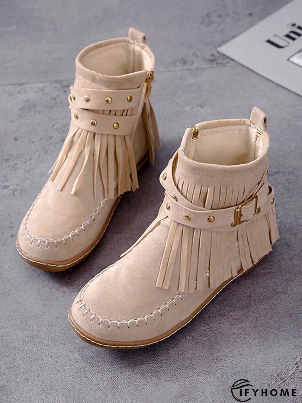 Vintage Fringe Studded Flat Round Toe Buckle Booties | IFYHOME