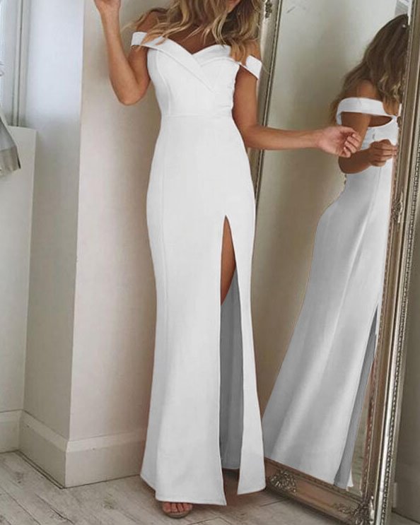 Simple tube top slit dress low cut backless back and floor length dress