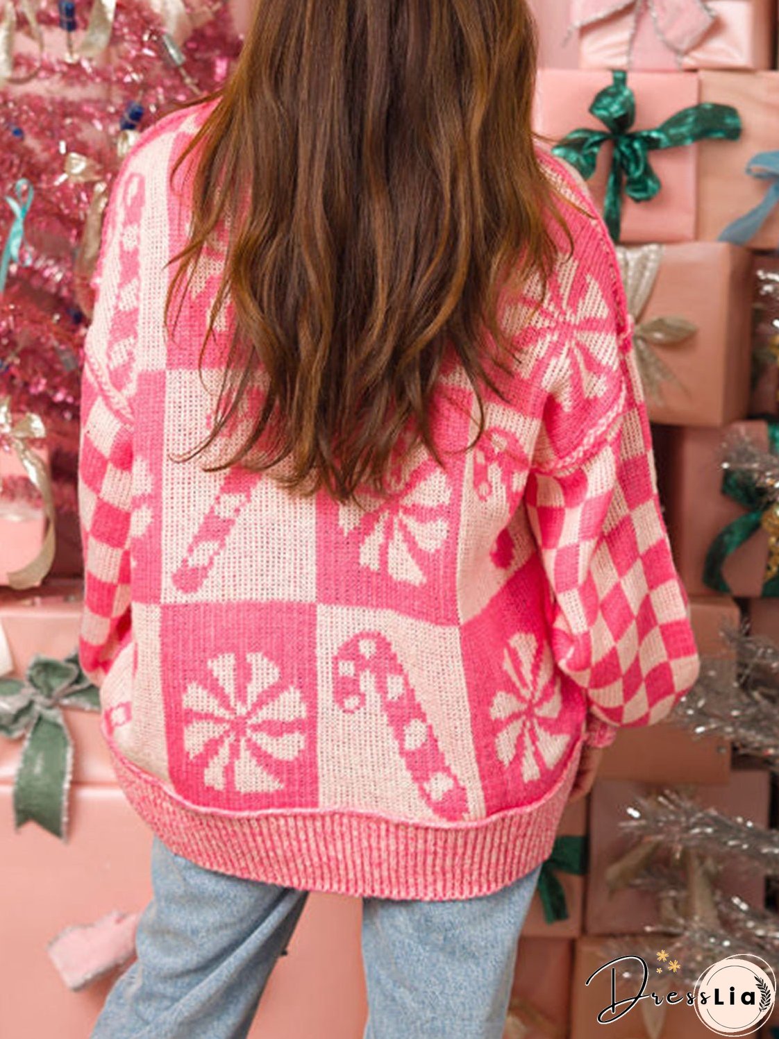 Candy Cane Round Neck Long Sleeve Sweater
