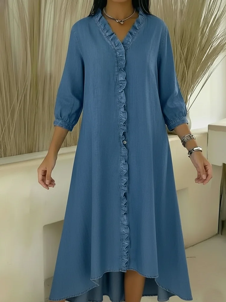 Casual Denim V-neck Ruffled Dress socialshop