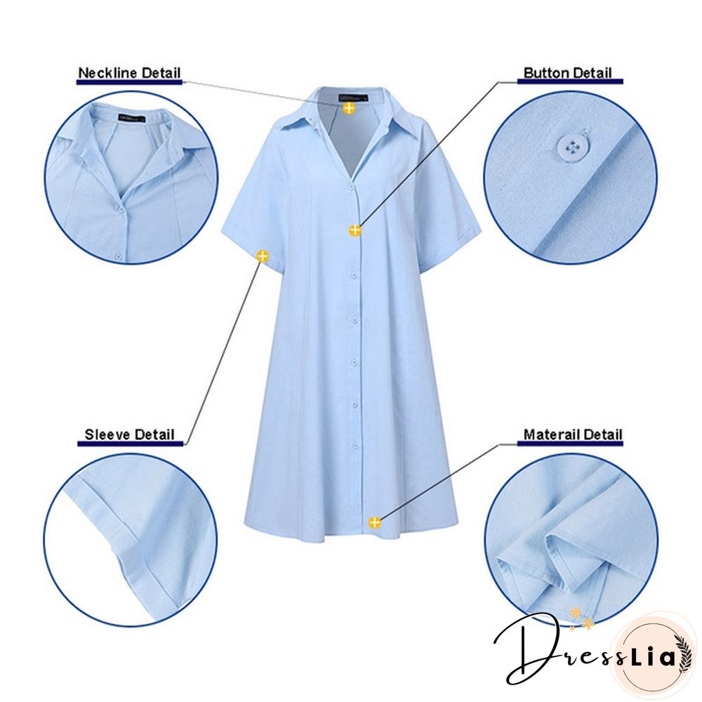 Women Loose Plain Holiday Cami Sundress Lapel Cotton Retro Party Mini Shirt Dress Plus