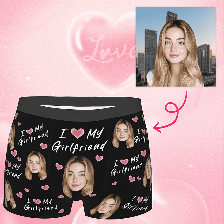 【Byxhuc】I Heart My Girlfriend Boxers, Personalized Underwear for Men with Girlfriend Face, Personalized Gift for Husband Boyfriend Men Him on Christmas Halloween