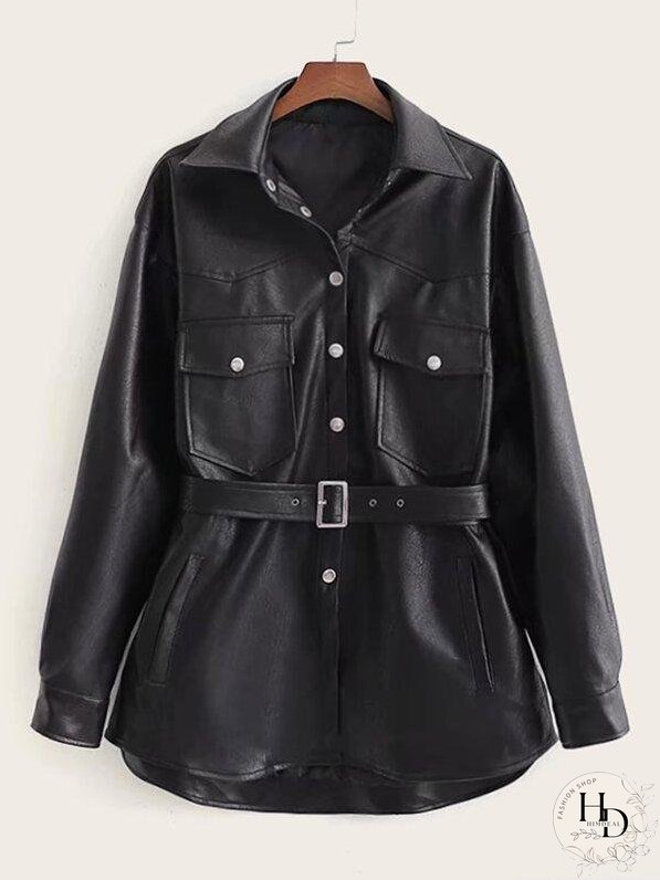 Button Front Flap Pocket Belted PU Coat for Women