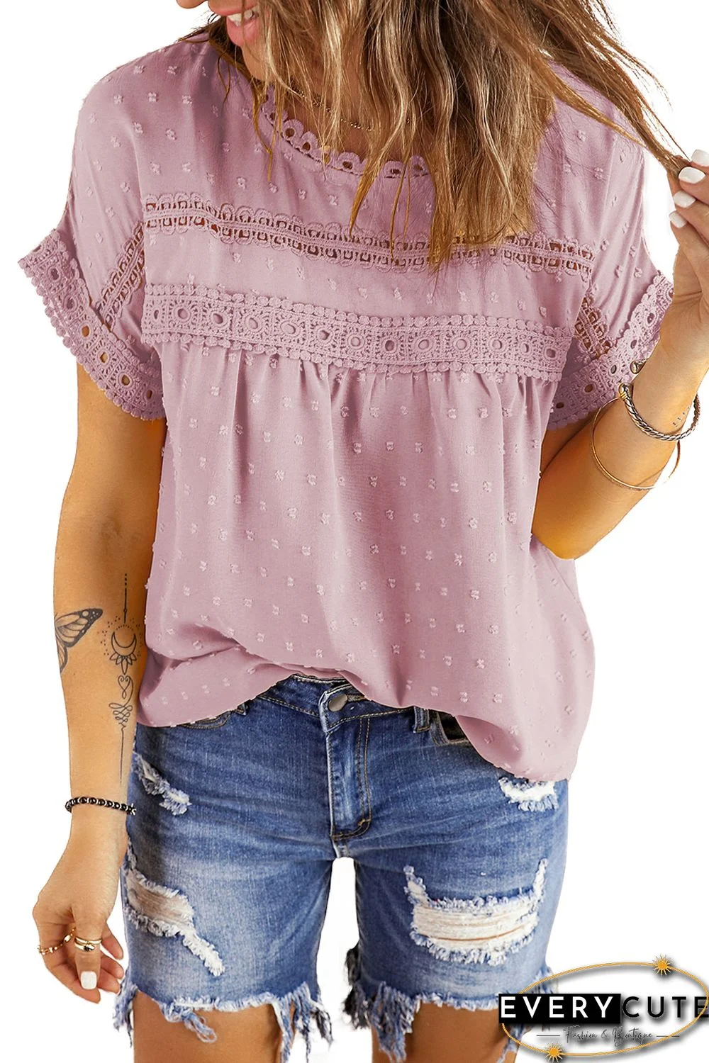 Pink Swiss Dot Lace Splicing Short Sleeve Top