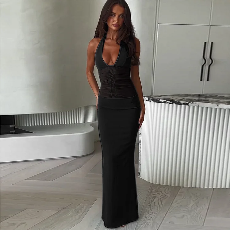 Halter Mesh See-through Backless V-neck Pleated Dress
