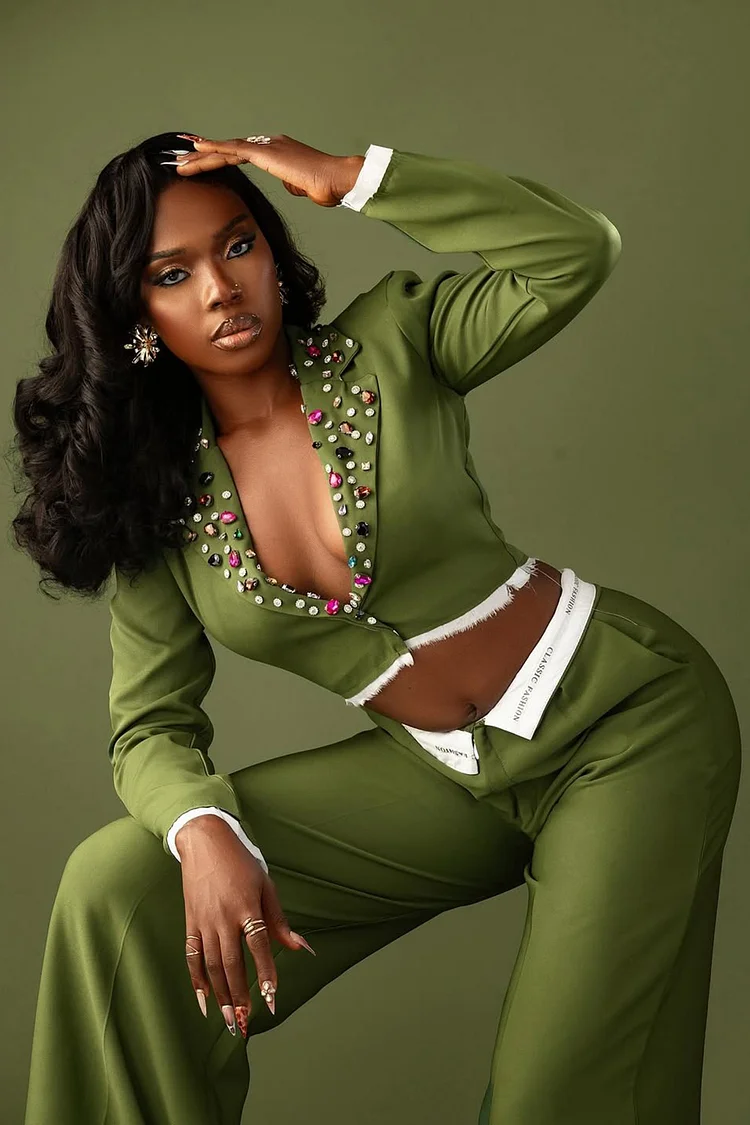 Beads Lapel Collar Blazer Contrast Waist Pants 2pcs Set-Green [Pre Order]