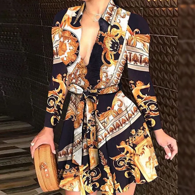 Sexy Women Deep V-neck Mini Dress Spring Autumn Long Sleeve Floral Print Dresses Laides High Waist Party Dresses Clubwear