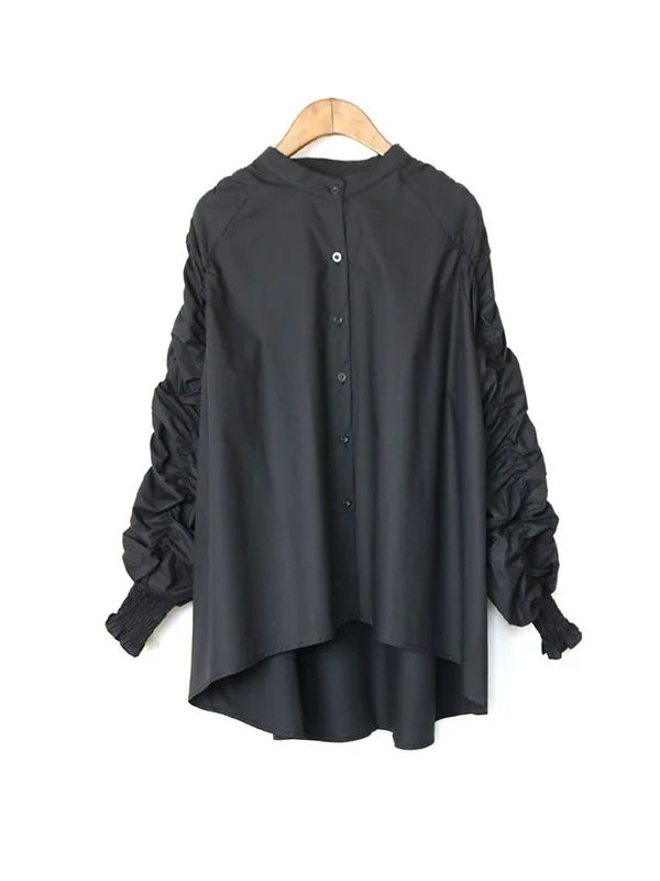 Split-Joint Solid Color Pleated Elasticity Puff Sleeves Loose Round-Neck Blouses