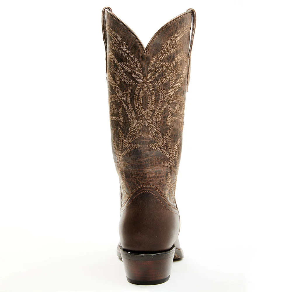 Brown Distressed Square Toe Chunky Heel Embroidered Cowgirl Boots