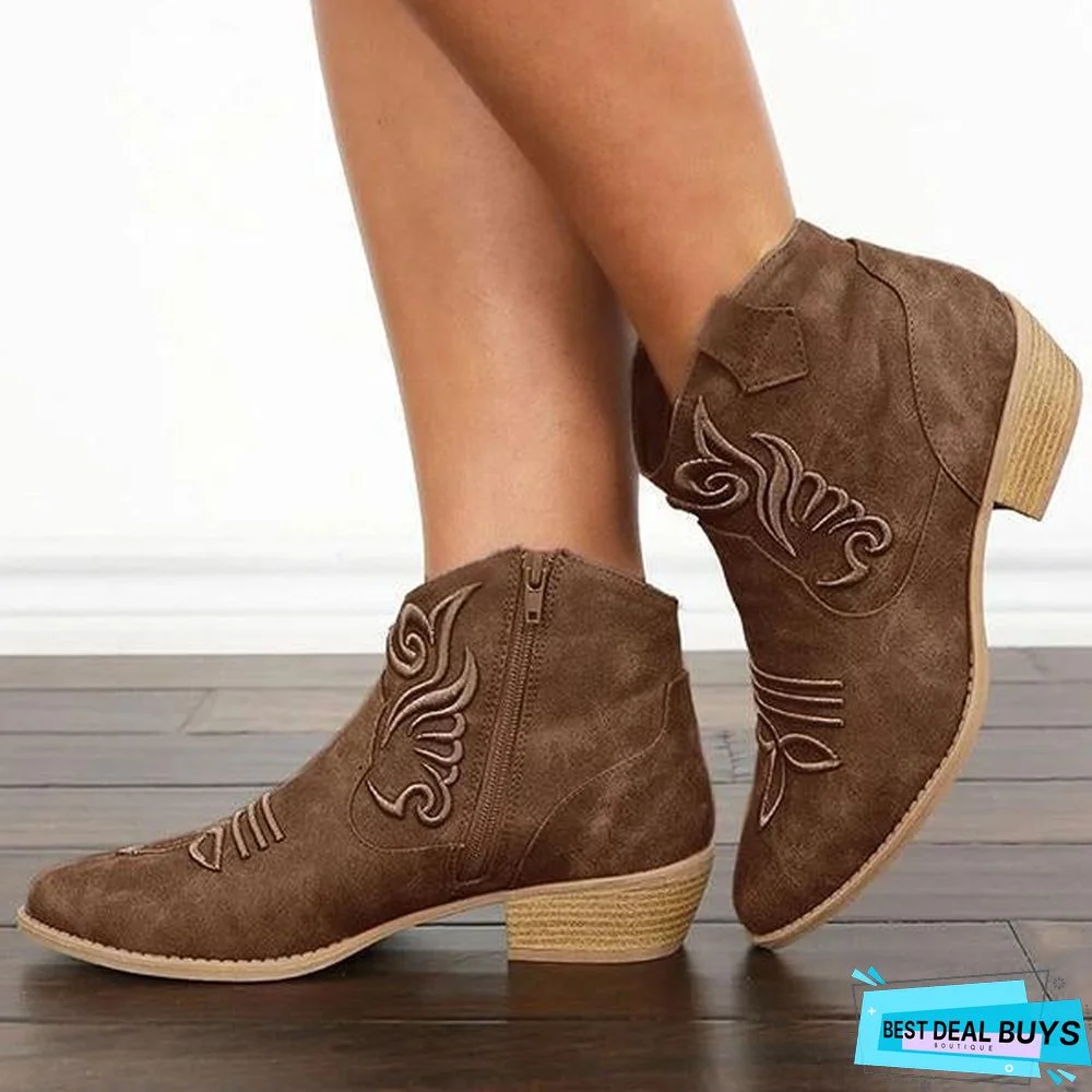 Embroidery Zipper Vintage Round Toe Boots