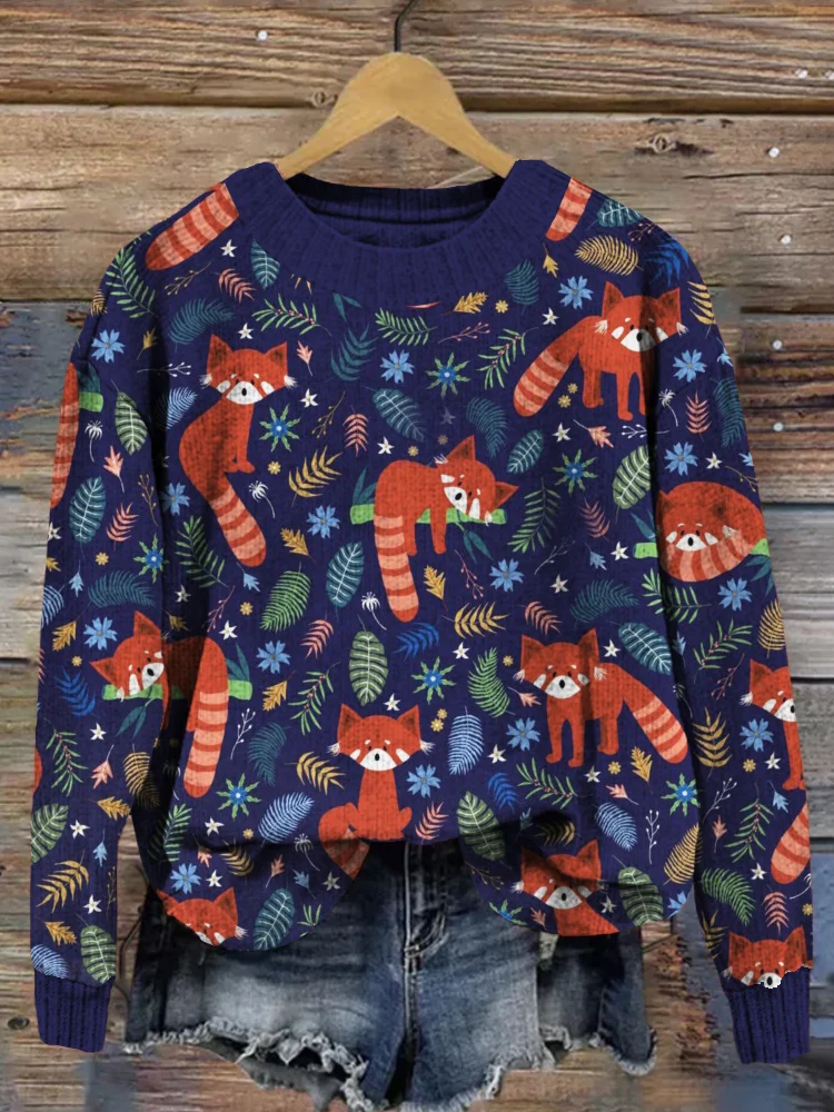 VChics Cute Red Panda Graphic Cozy Knit Sweater