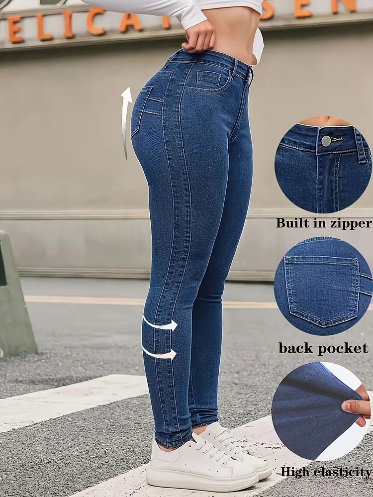 Women's High-Waisted Stretch Jeans - Non-See-Through Slim Fit Stretchy Pants, Machine Washable All-Season Skinny Jeans For Everyday & Formal Outfits - Casual Streetwear Bottoms, Highwaisted Design, Comfortable Wear