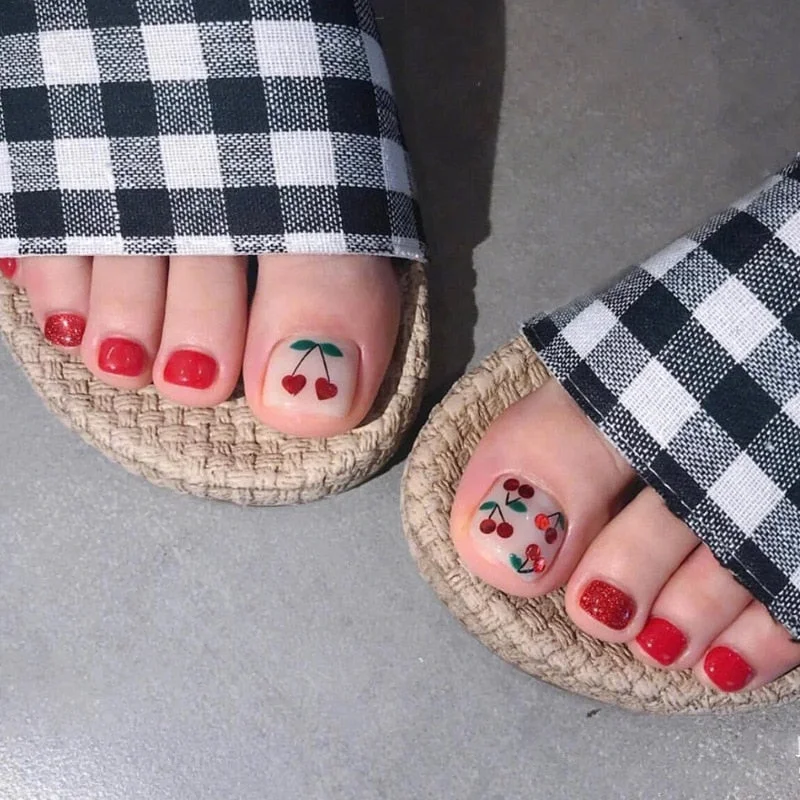 24Pcs Lovely Cherry Toe Nails With Design Acrylic Fake Toenails For Foot DIY Lady Full Cover Tip Manicure Tool-Nail Inspo