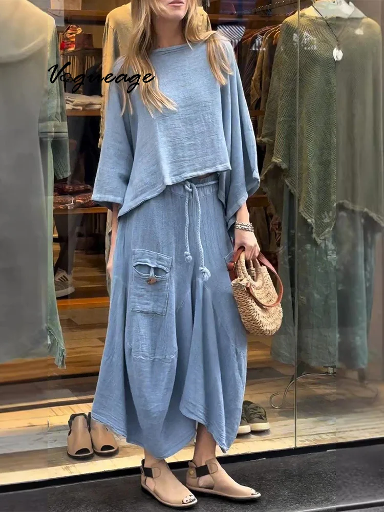 Fashionable Casual Solid Color Loose Top Lace-Up Skirt Two-Piece Set