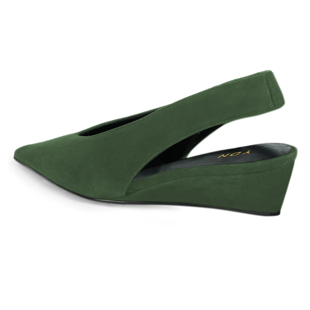 Faux Suede Slingback Strappy Classy Wedge Heel Pumps in Dark Green