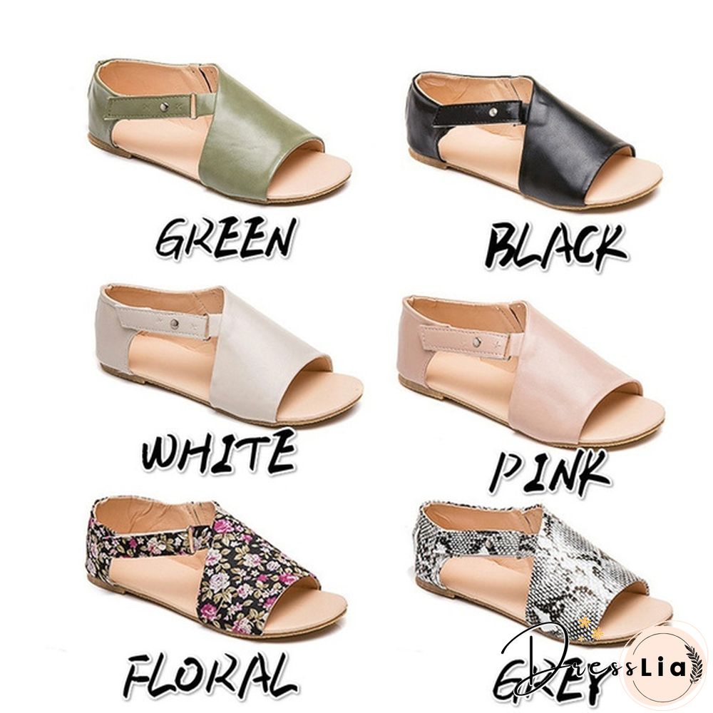 Plus Size Fashion Women's Leather Flat Sandals Buckle Strap Slippers Fish Mouth Shoes