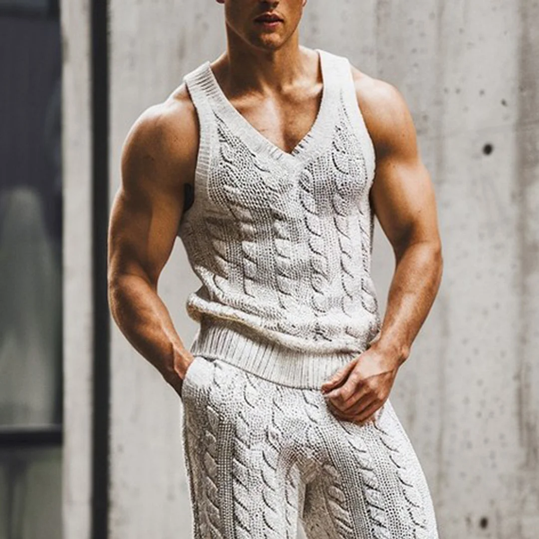 Men's Knitted Sleeveless V-neck Suit-inspireuse