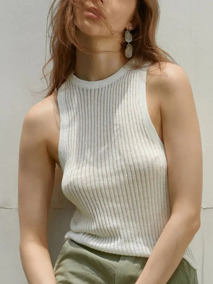 Round Neck Pit Strip Hollow Out Tank Tops