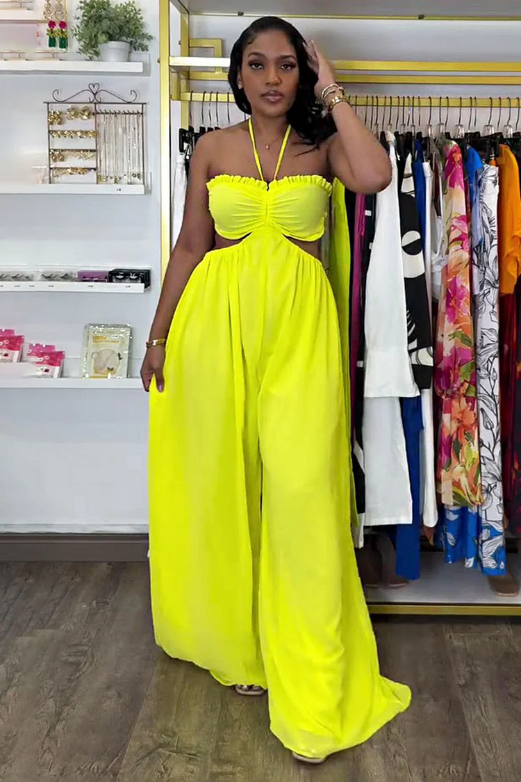Halter Ruched Ruffle Cut Out Oversized Wide Leg Jumpsuit-Yellow [Pre Order]