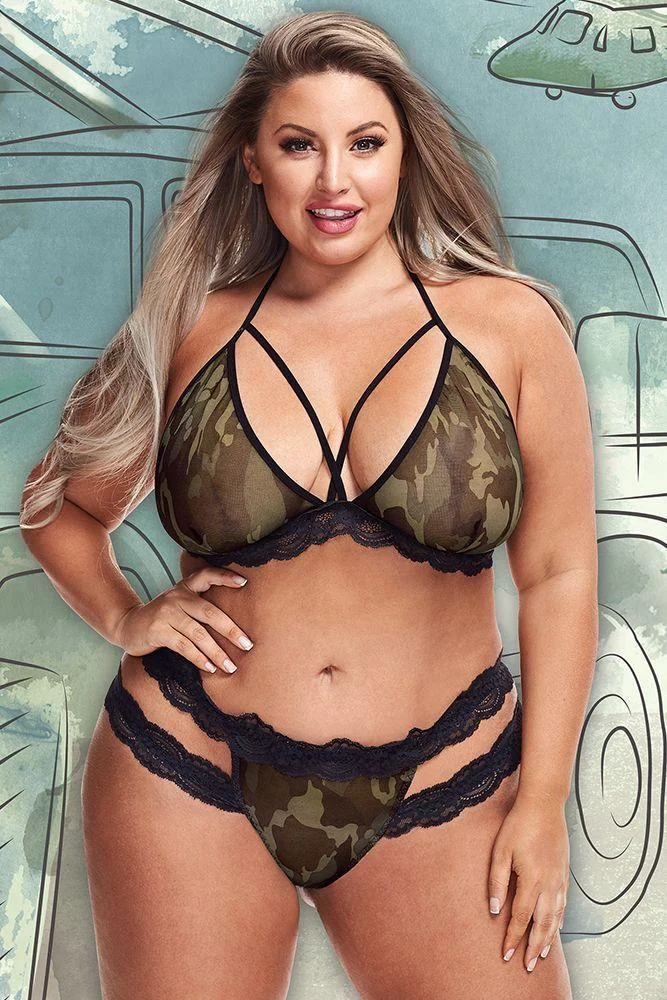 pornhint Pornhint Criss-Cross Mesh & Lace Army Girl 2pc Set