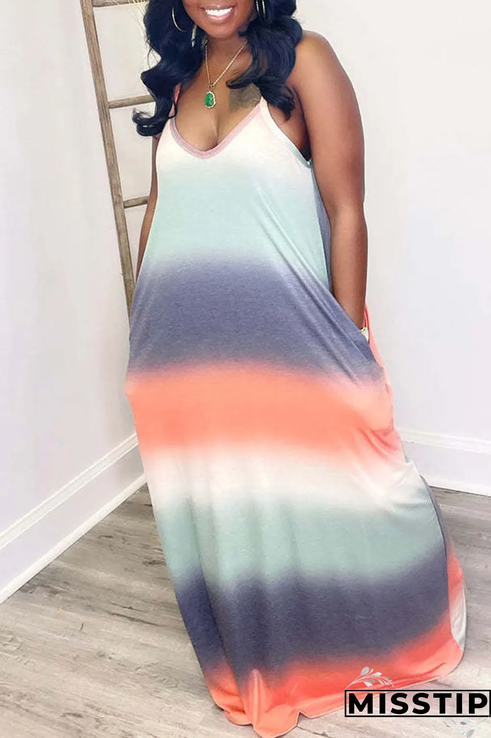 Orange Casual Gradual Change Striped Print Patchwork Spaghetti Strap Sling Dress Dresses
